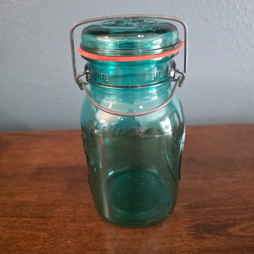 Ball Ideal Canning Jar Blue Green Eagle Bicentennial Glass Lid Wire Bail Vintage